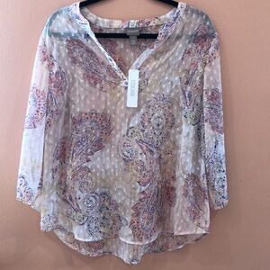 Chico’s V neck floral paisley sheer pink blue multicolor 3/4 sleeves size 1 Or M